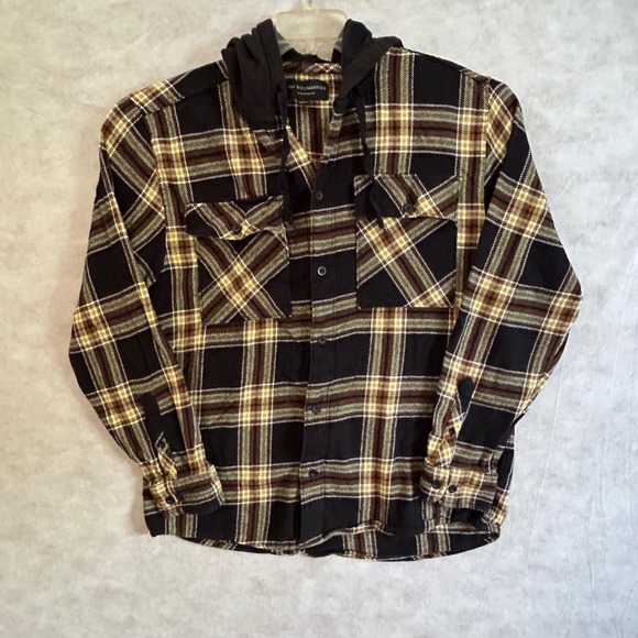 No Boundaries Other - No Boundaries Mens Flannel Hooded Shirt Oversized Fit Black Brown Plaid Large